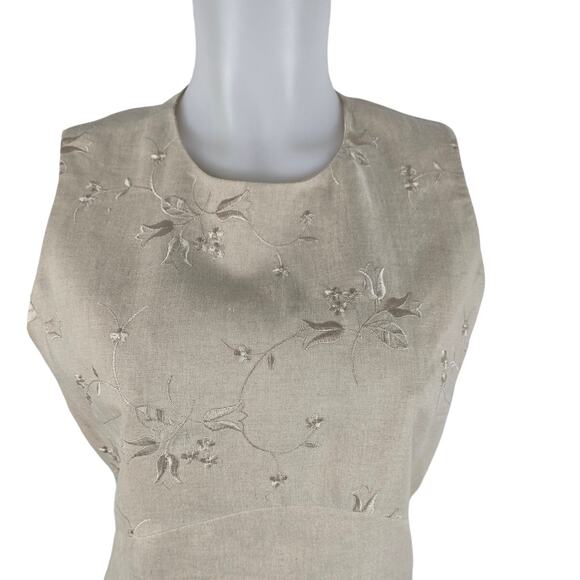Amanda Smith 100% Pure Linen Tan Floral Embroidered Women's Dress 10 - Picture 2 of 4